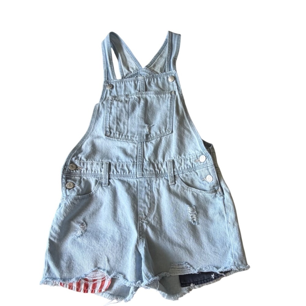 Old Navy Girls XL 14 Light Wash Distressed American Flag Denim Short Overalls - Picture 3 of 7